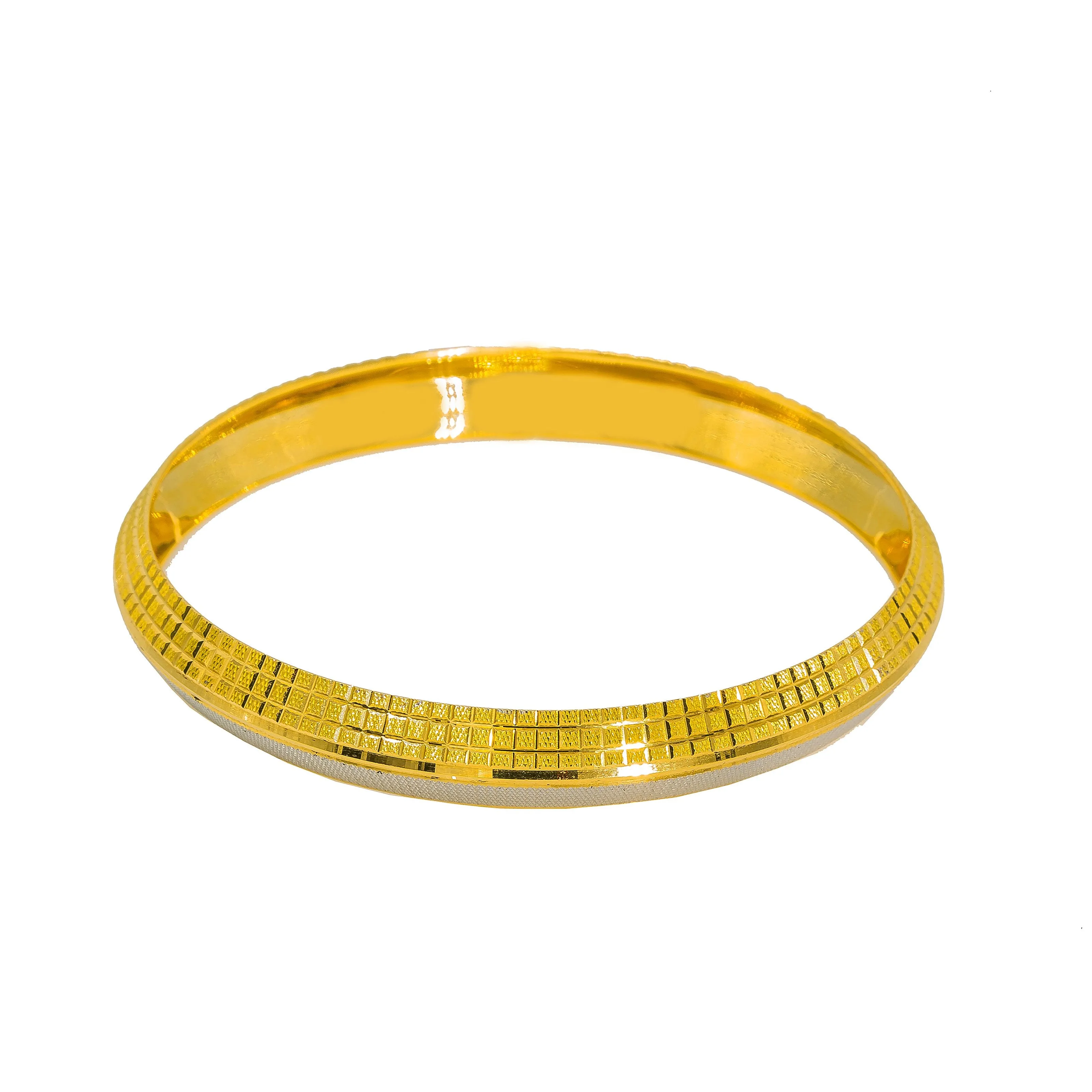 22K Multi Tone Gold Kada Bangle for Men W/ Etched Square Designs & Diamond Cutting Details