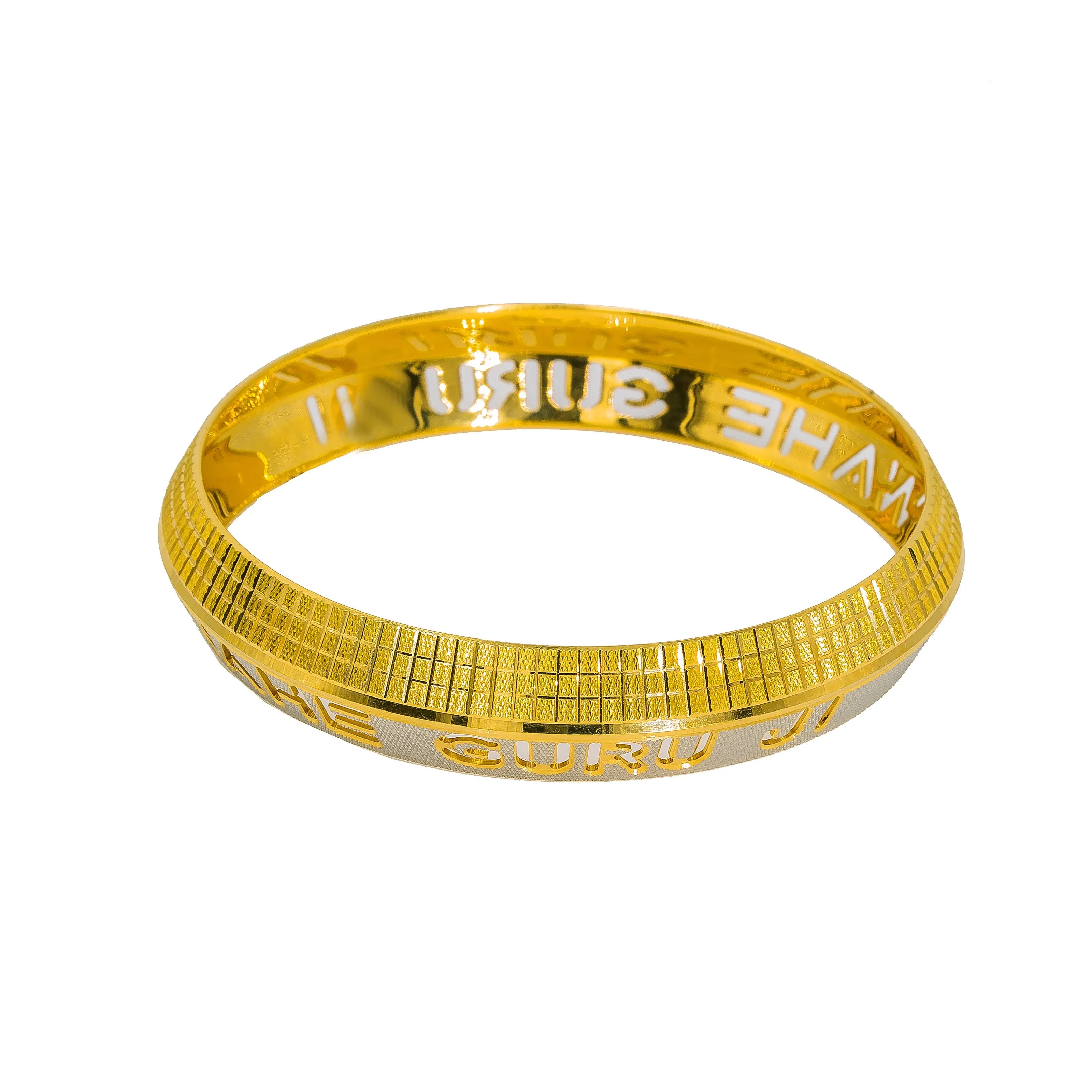 22K Multi Tone Gold Kada Bangle for Men W/ "Wahe Guru Ji" Engraving & Split Textured Square Etchings