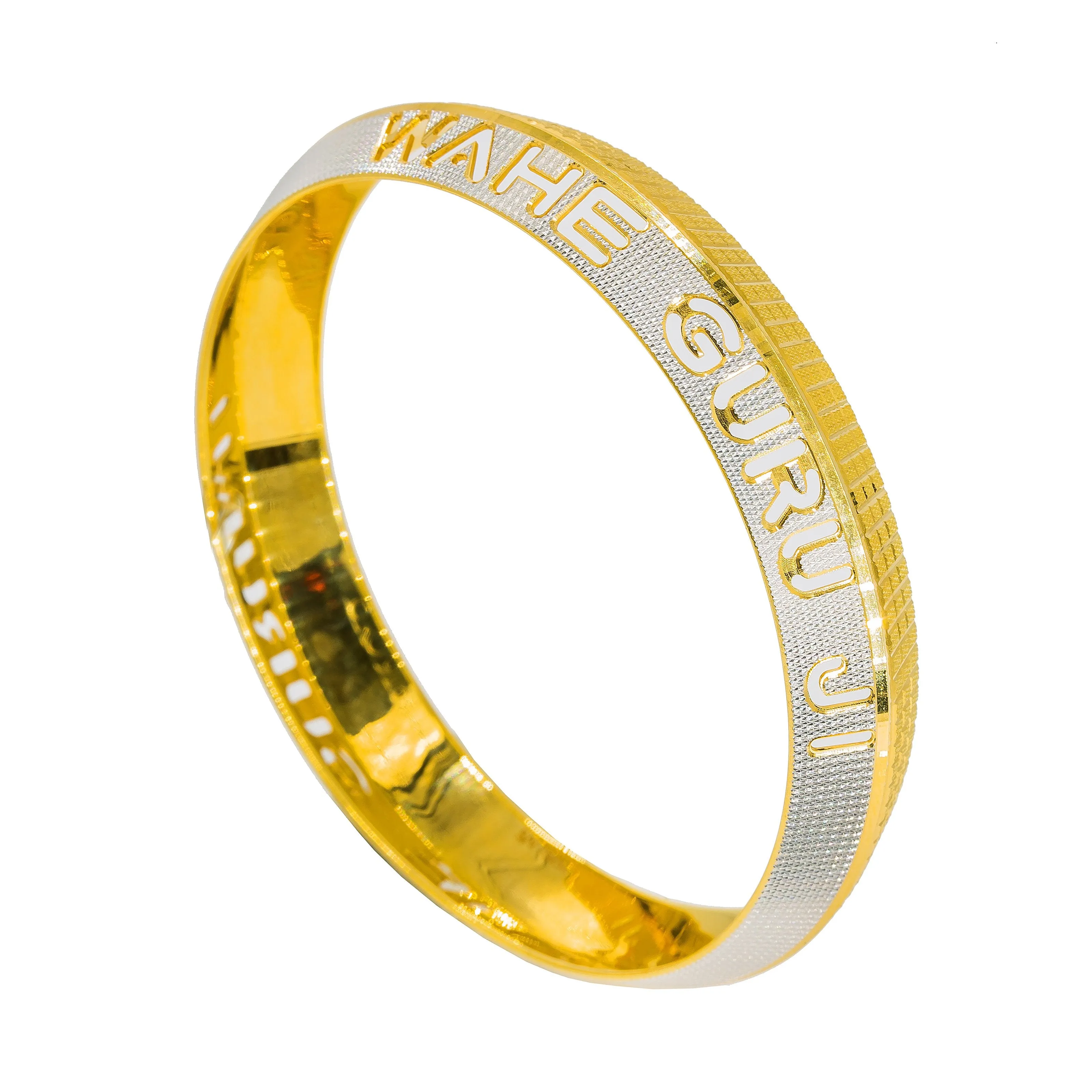 22K Multi Tone Gold Kada Bangle for Men W/ "Wahe Guru Ji" Engraving & Split Textured Square Etchings