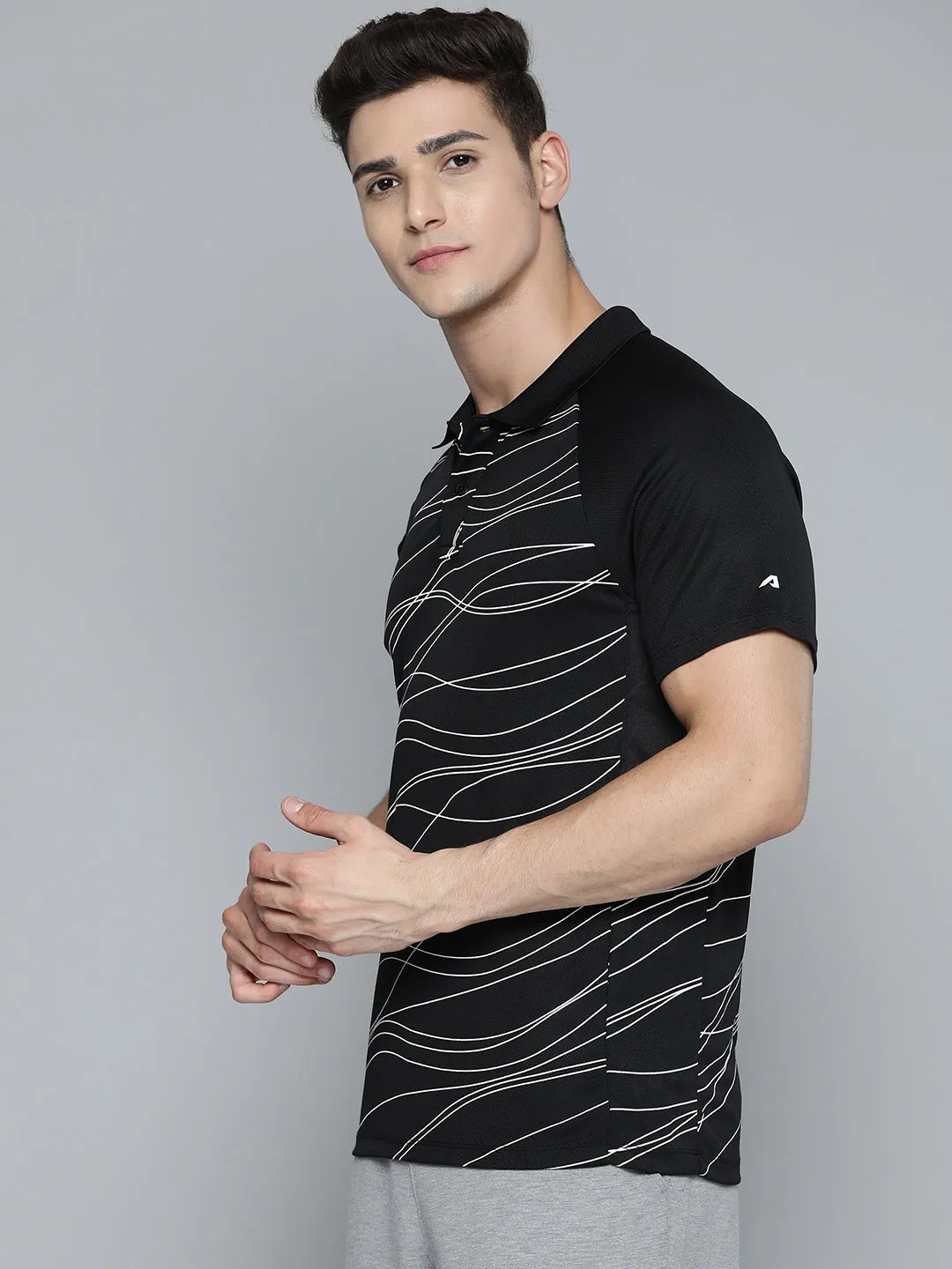 Alcis Men Black White Striped Polo Collar T-shirt