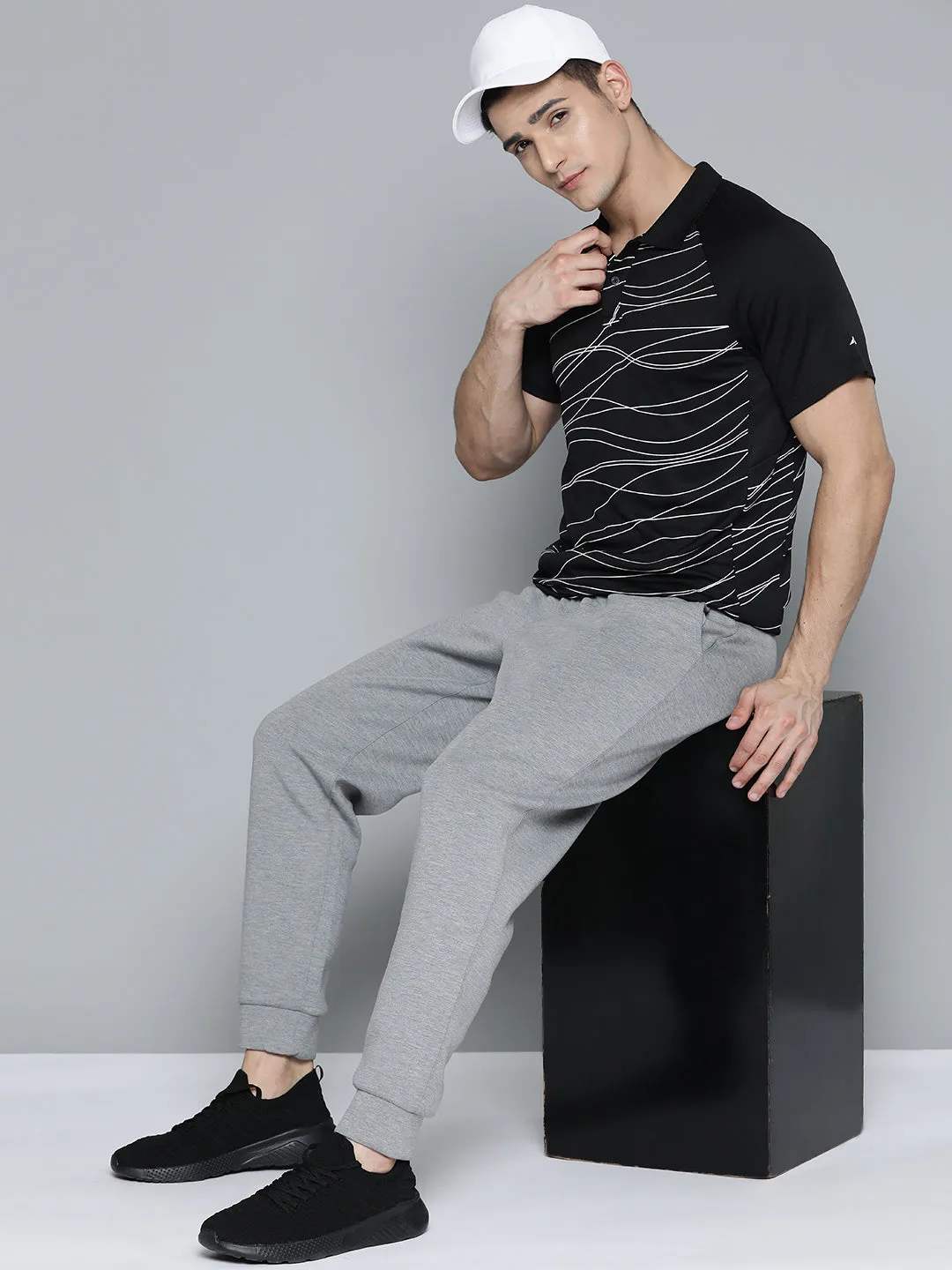 Alcis Men Black White Striped Polo Collar T-shirt