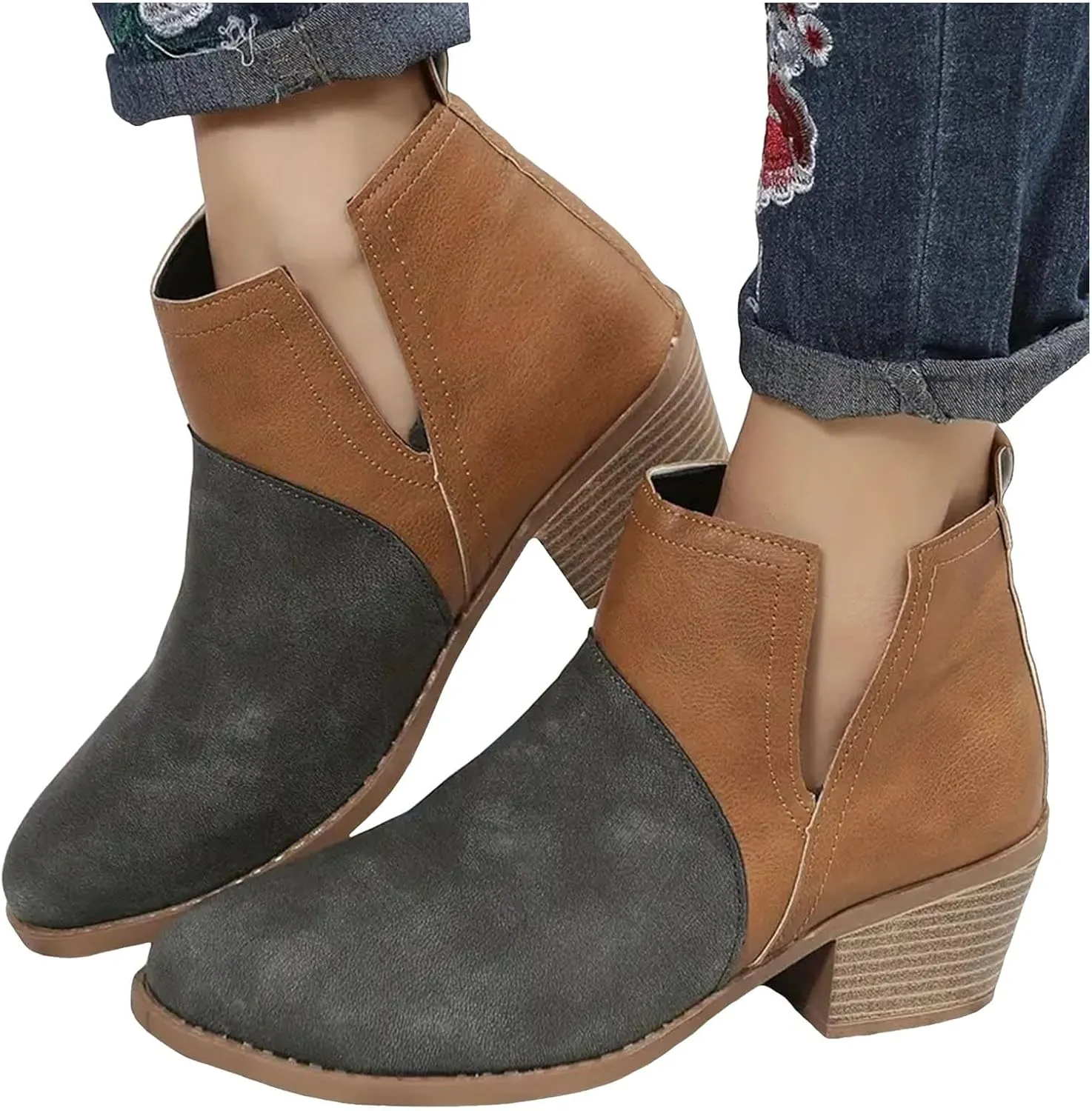Ankle Boots for Women Women's V Cut Ankle Booties Low Stacked Heel Closed Toe Perforated Slipon Faux Leather Western Boots