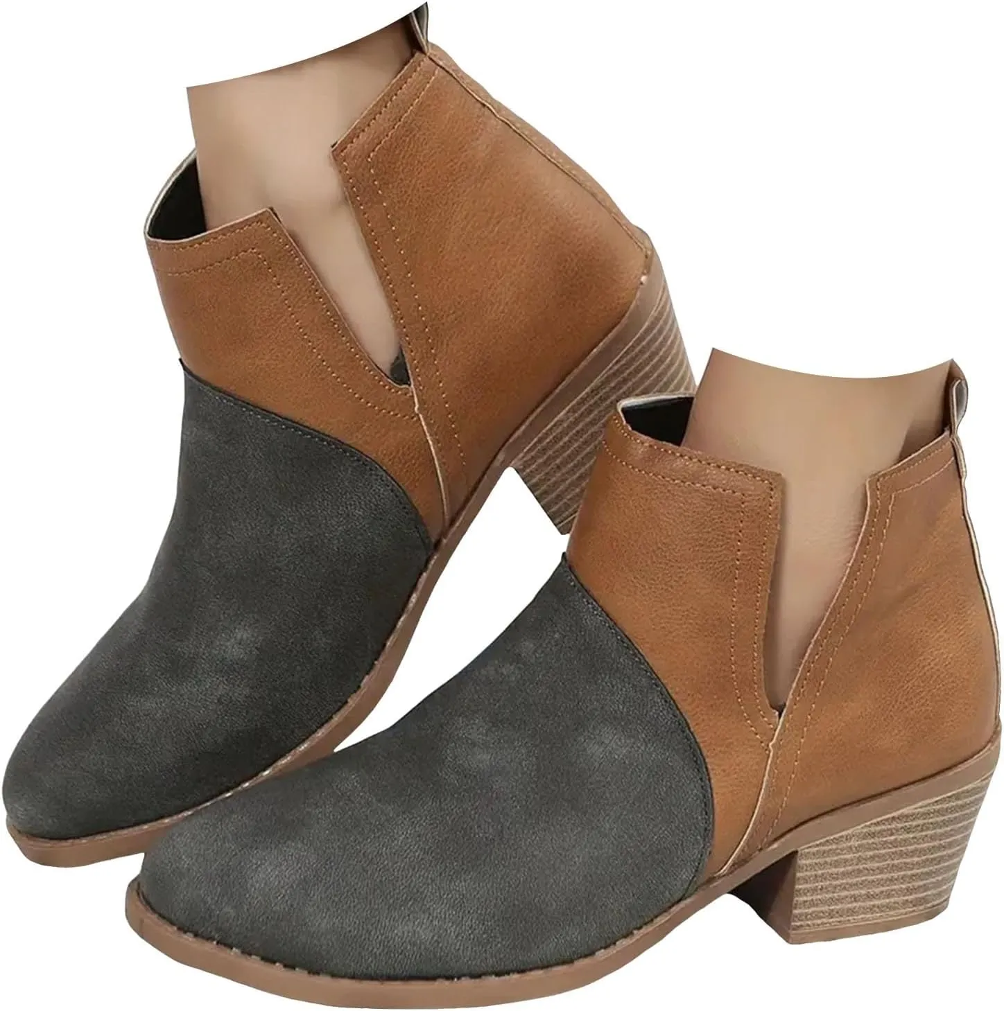 Ankle Boots for Women Women's V Cut Ankle Booties Low Stacked Heel Closed Toe Perforated Slipon Faux Leather Western Boots