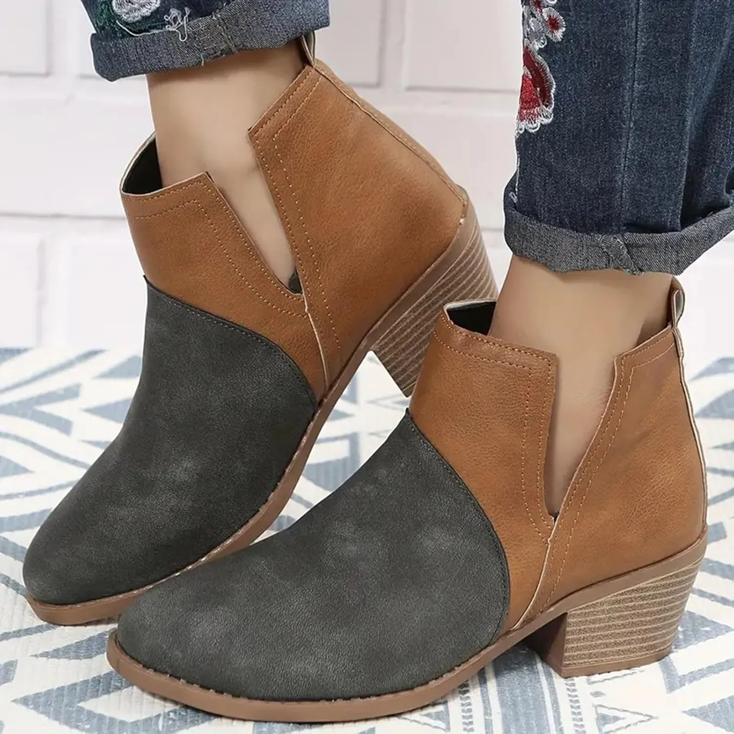 Ankle Boots for Women Women's V Cut Ankle Booties Low Stacked Heel Closed Toe Perforated Slipon Faux Leather Western Boots