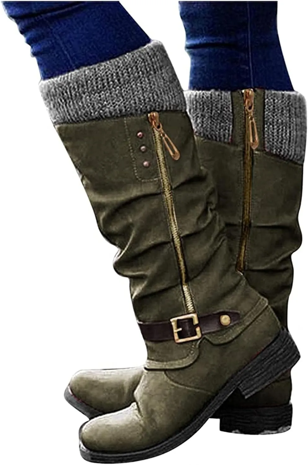 Boots For Women Knee High Wide Calf Side Zipper Military Shoes Mid-Calf Low Heel Combat Motorcycle Riding Biker Boots
