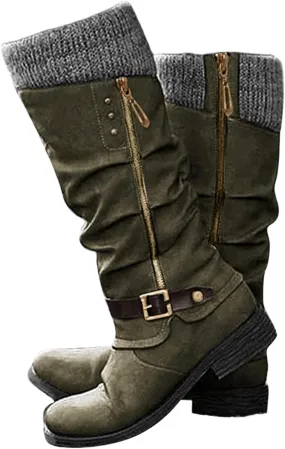 Boots For Women Knee High Wide Calf Side Zipper Military Shoes Mid-Calf Low Heel Combat Motorcycle Riding Biker Boots