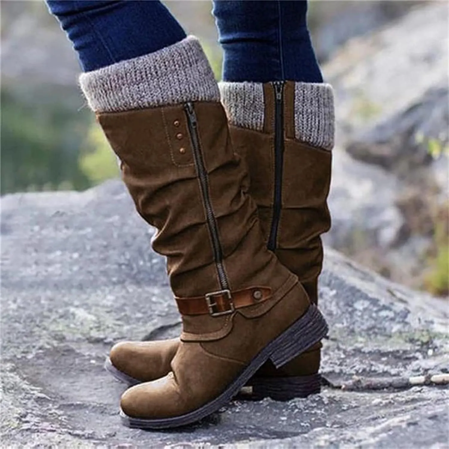 Boots For Women Knee High Wide Calf Side Zipper Military Shoes Mid-Calf Low Heel Combat Motorcycle Riding Biker Boots