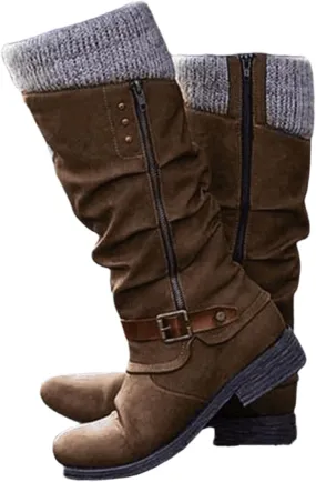 Boots For Women Knee High Wide Calf Side Zipper Military Shoes Mid-Calf Low Heel Combat Motorcycle Riding Biker Boots