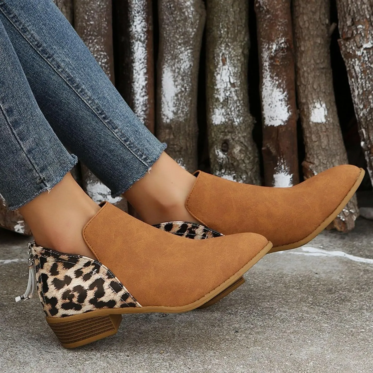 Boots for Women Slip On Leopard Ankle Boots Pointed Toe Chunky Block Heel Booties Fall Back Zipper Ankle Booties