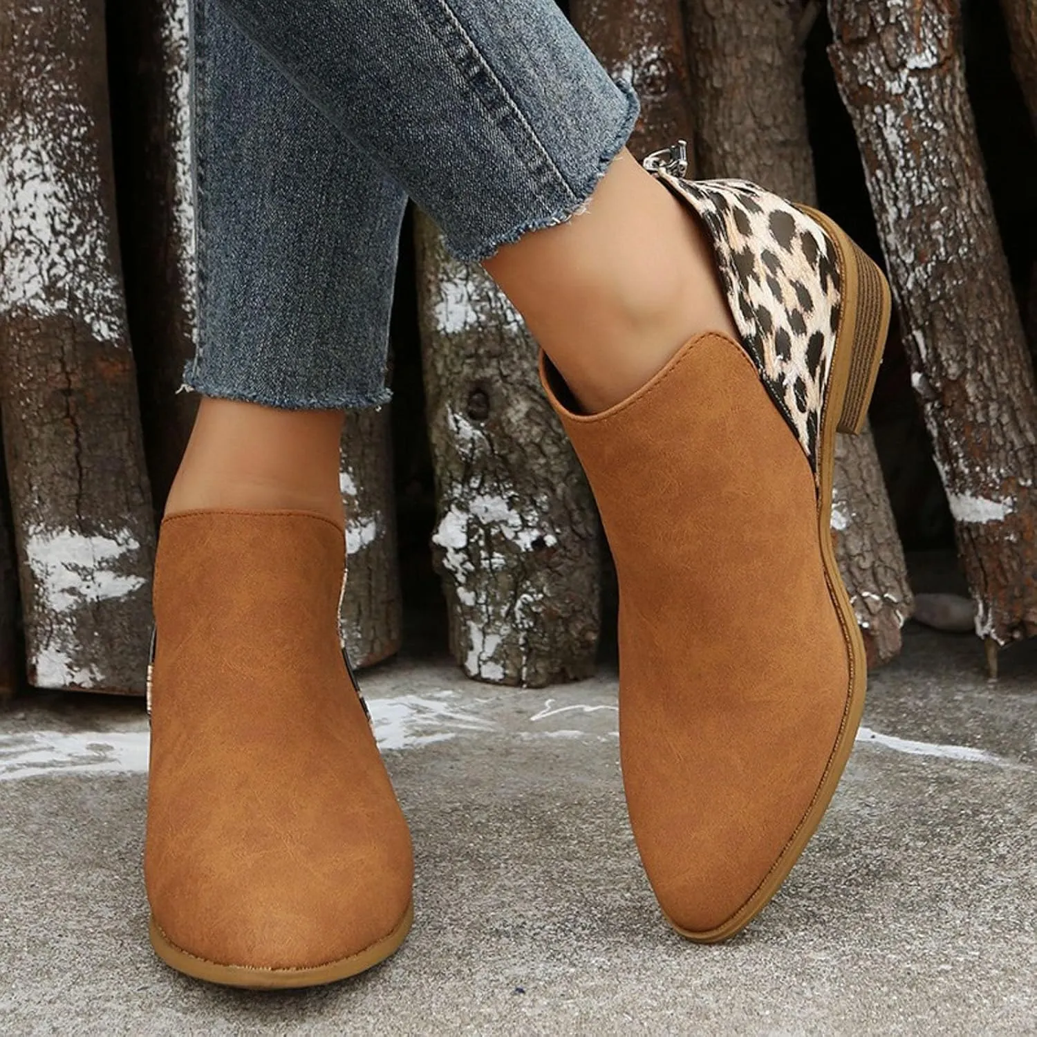 Boots for Women Slip On Leopard Ankle Boots Pointed Toe Chunky Block Heel Booties Fall Back Zipper Ankle Booties