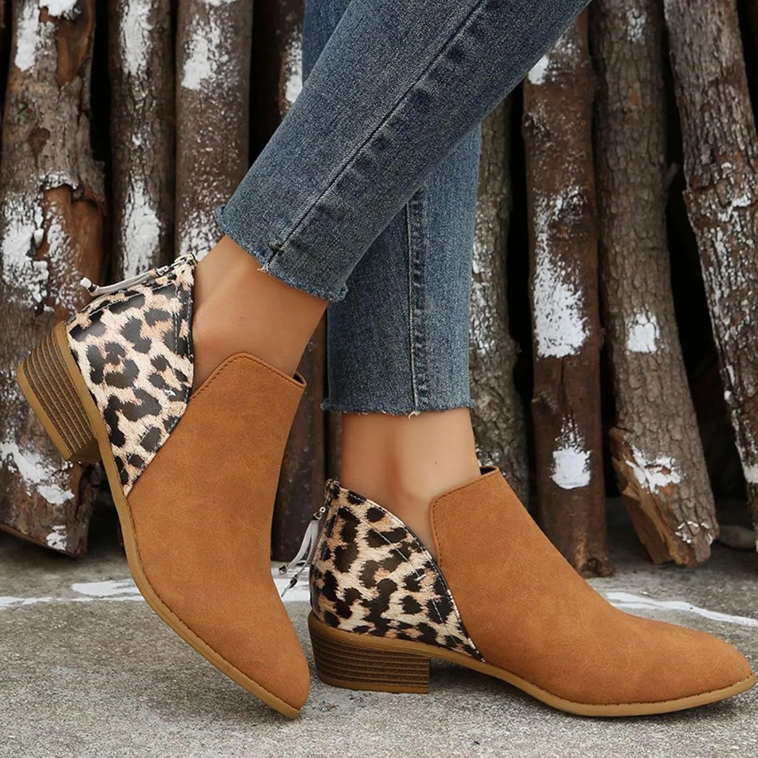 Boots for Women Slip On Leopard Ankle Boots Pointed Toe Chunky Block Heel Booties Fall Back Zipper Ankle Booties