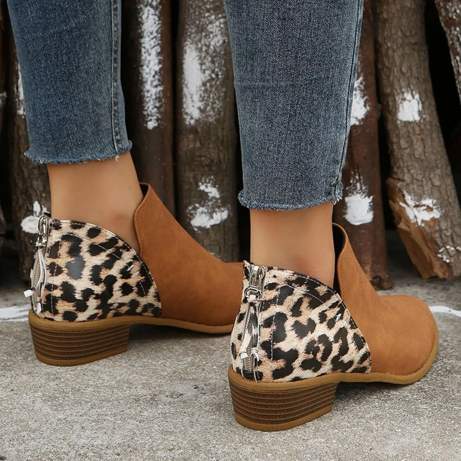 Boots for Women Slip On Leopard Ankle Boots Pointed Toe Chunky Block Heel Booties Fall Back Zipper Ankle Booties