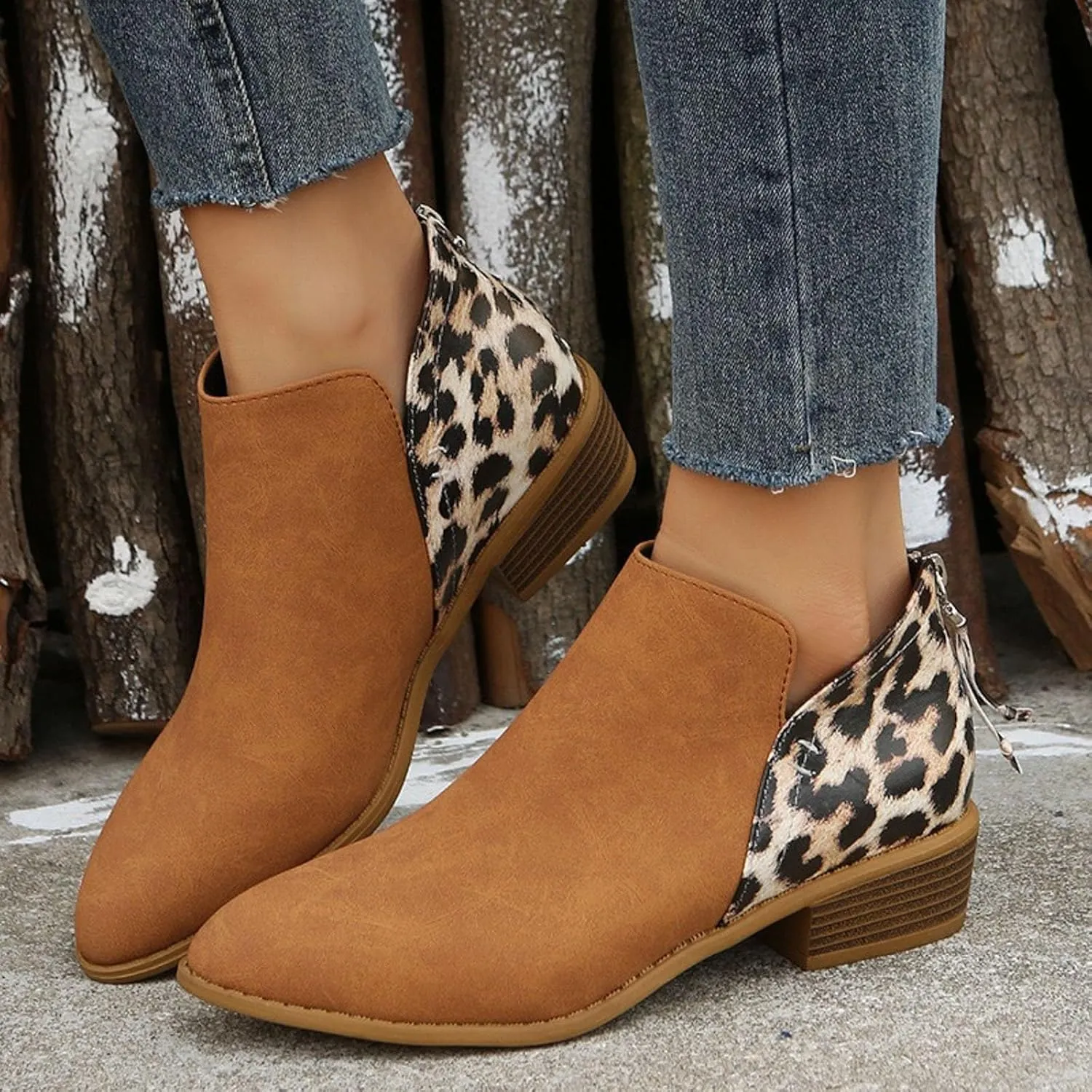 Boots for Women Slip On Leopard Ankle Boots Pointed Toe Chunky Block Heel Booties Fall Back Zipper Ankle Booties