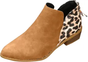 Boots for Women Slip On Leopard Ankle Boots Pointed Toe Chunky Block Heel Booties Fall Back Zipper Ankle Booties