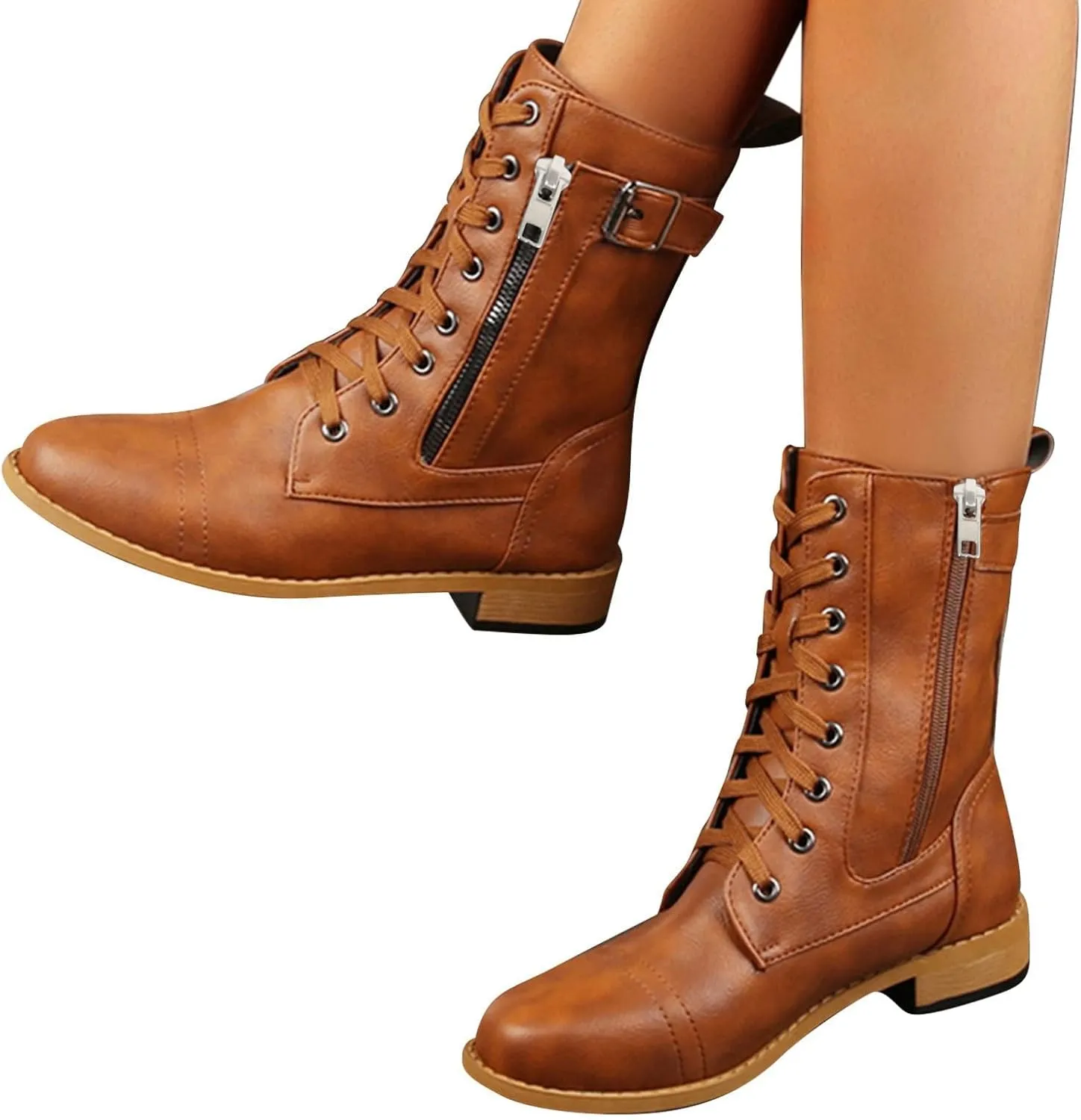 Cathalem Womens Combat Boots Chunky Heels Motorcycle Boots Buckles Biker Boots Ladies Low Heel Mid Calf Riding Booties