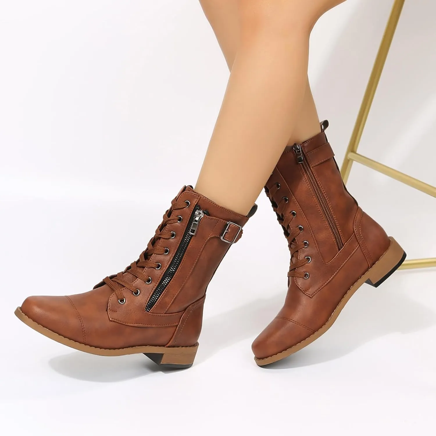 Cathalem Womens Combat Boots Chunky Heels Motorcycle Boots Buckles Biker Boots Ladies Low Heel Mid Calf Riding Booties