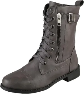 Cathalem Womens Combat Boots Chunky Heels Motorcycle Boots Buckles Biker Boots Ladies Low Heel Mid Calf Riding Booties
