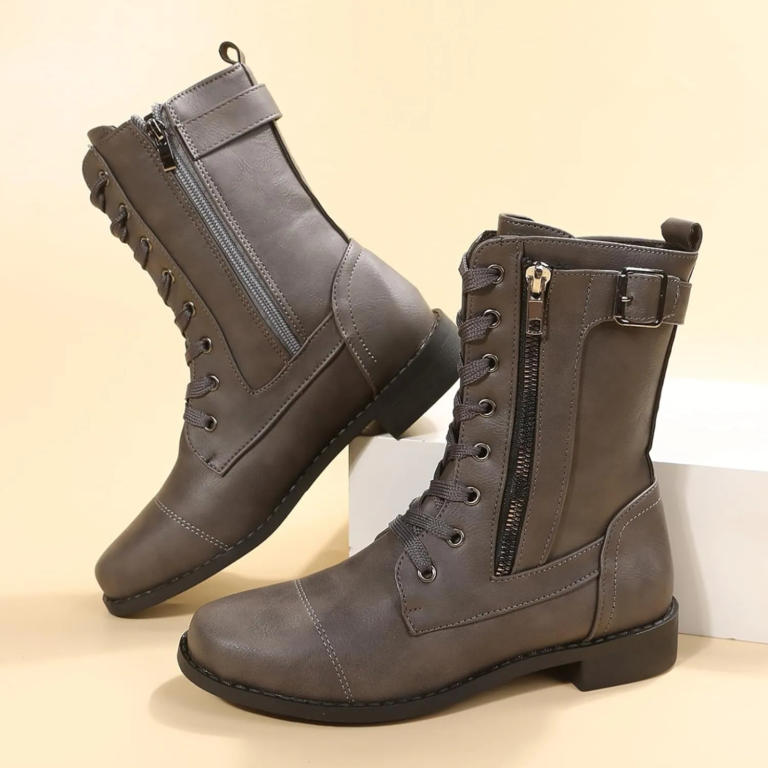 Cathalem Womens Combat Boots Chunky Heels Motorcycle Boots Buckles Biker Boots Ladies Low Heel Mid Calf Riding Booties