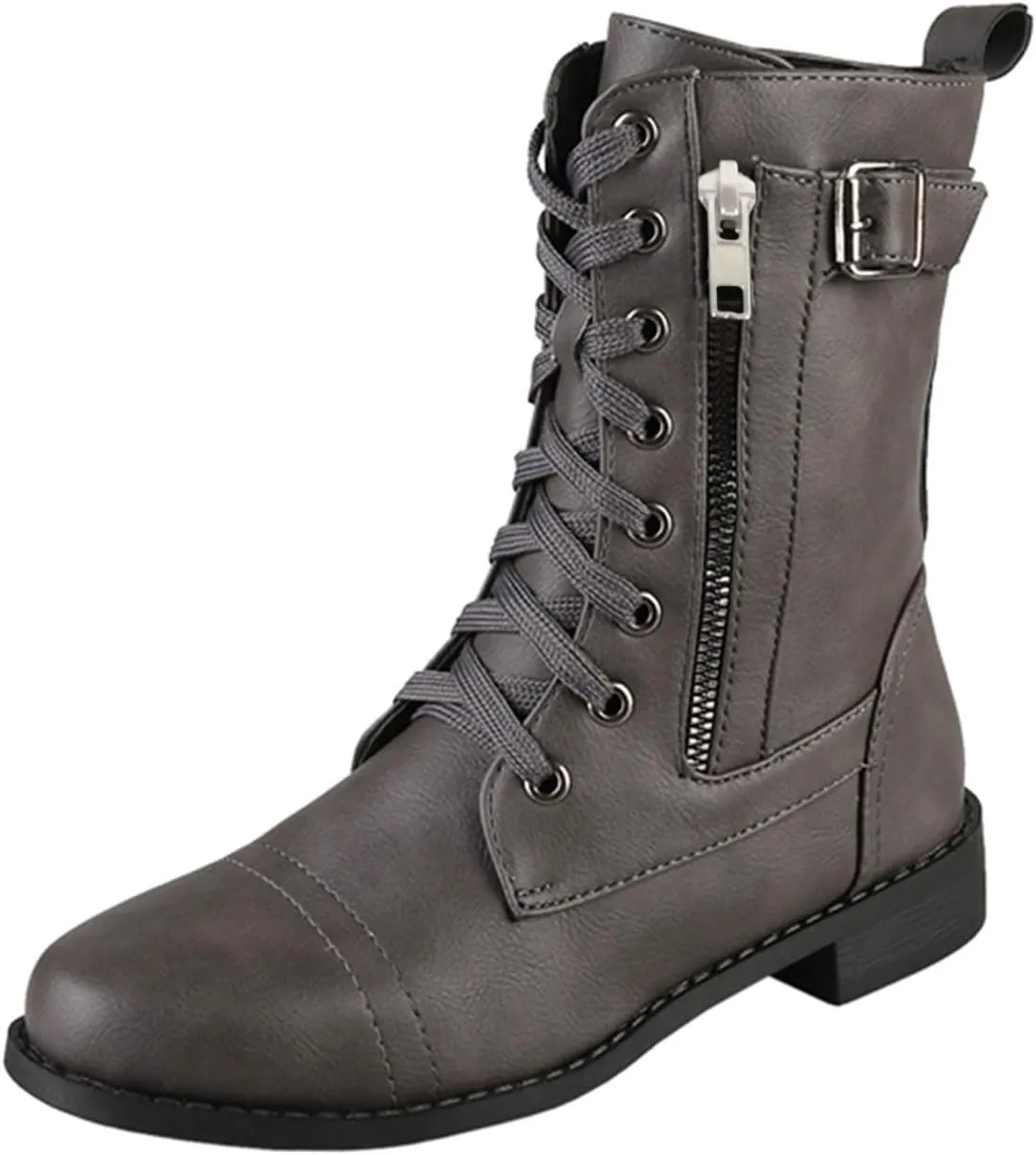 Cathalem Womens Combat Boots Chunky Heels Motorcycle Boots Buckles Biker Boots Ladies Low Heel Mid Calf Riding Booties