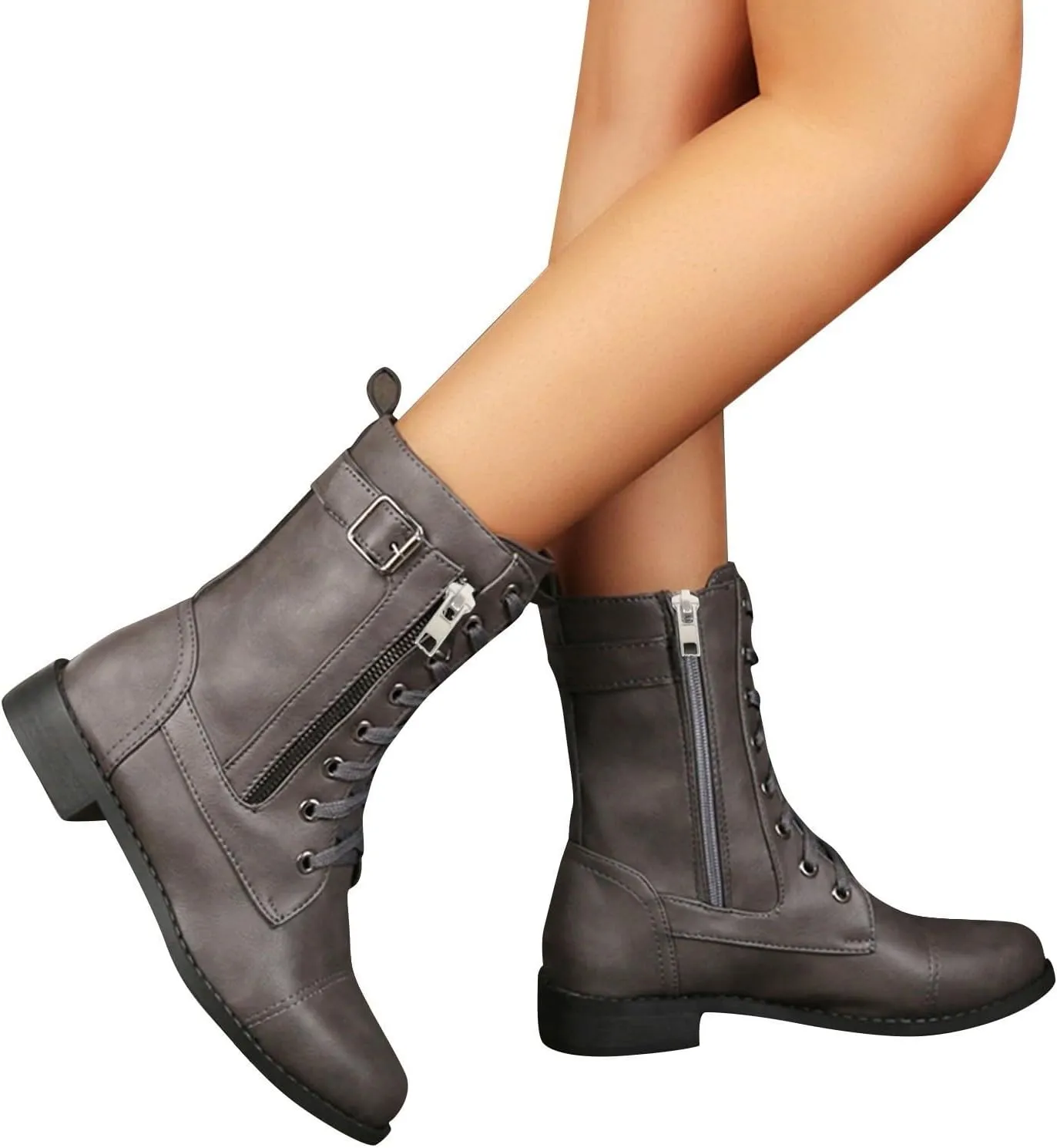 Cathalem Womens Combat Boots Chunky Heels Motorcycle Boots Buckles Biker Boots Ladies Low Heel Mid Calf Riding Booties