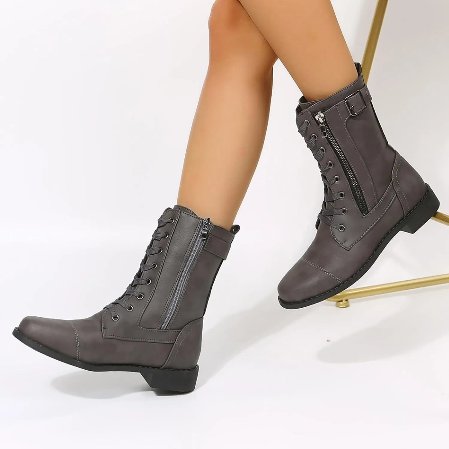 Cathalem Womens Combat Boots Chunky Heels Motorcycle Boots Buckles Biker Boots Ladies Low Heel Mid Calf Riding Booties