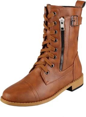 Cathalem Womens Combat Boots Chunky Heels Motorcycle Boots Buckles Biker Boots Ladies Low Heel Mid Calf Riding Booties