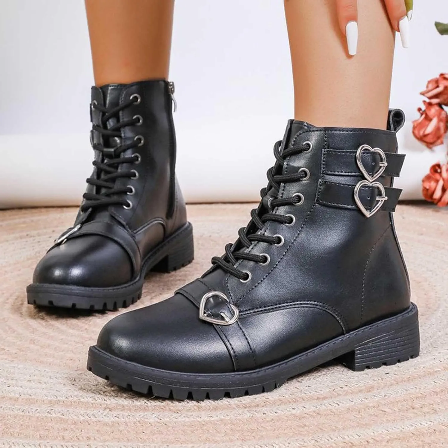Chunky Boots for Women Short Boots Leather Boots Women's Retro Ankle Boots Low Chunky Block Heel Booties Shoes