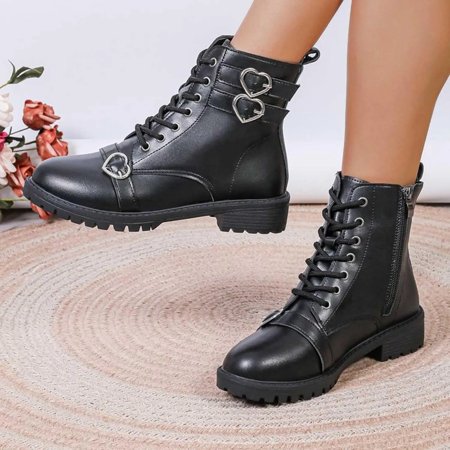 Chunky Boots for Women Short Boots Leather Boots Women's Retro Ankle Boots Low Chunky Block Heel Booties Shoes