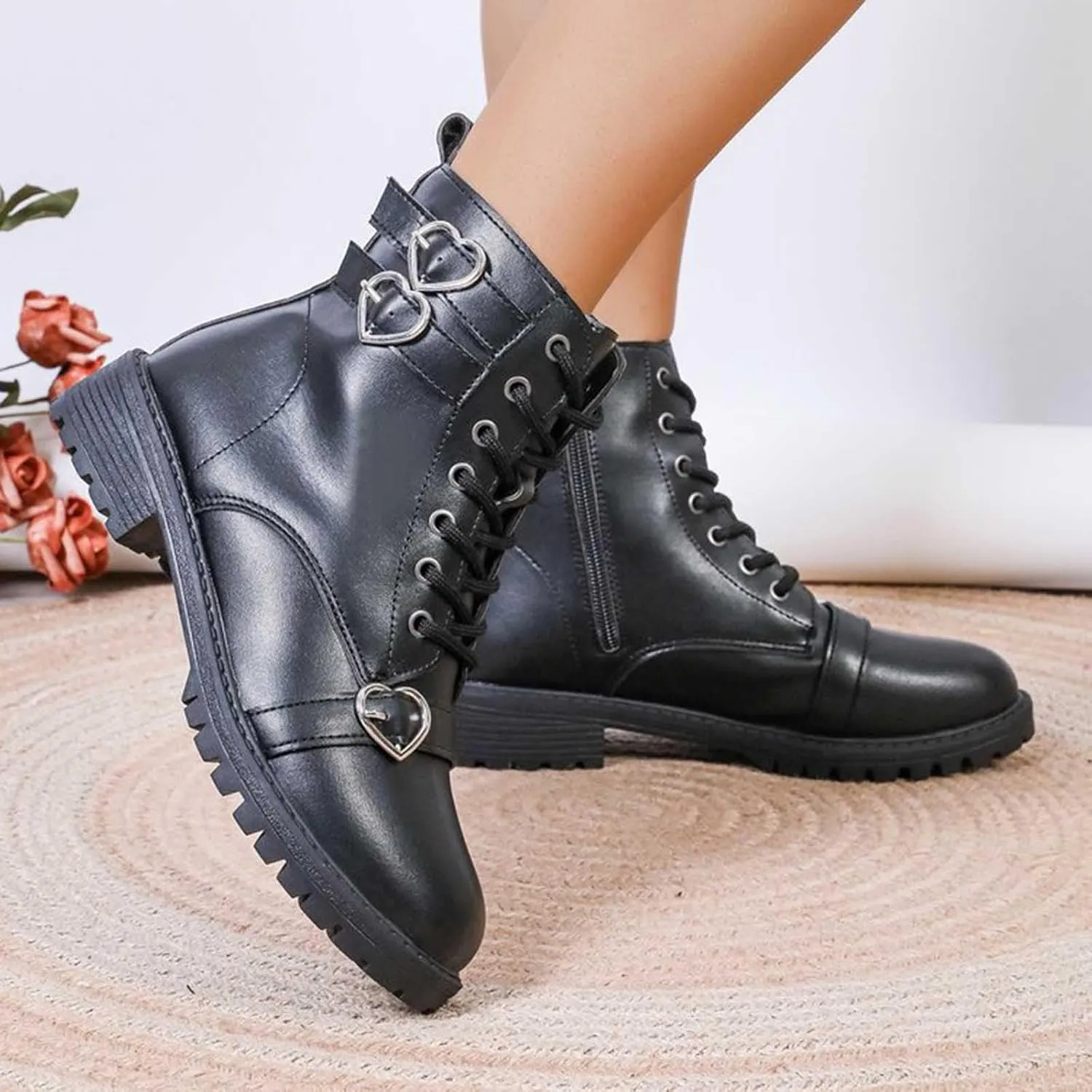 Chunky Boots for Women Short Boots Leather Boots Women's Retro Ankle Boots Low Chunky Block Heel Booties Shoes