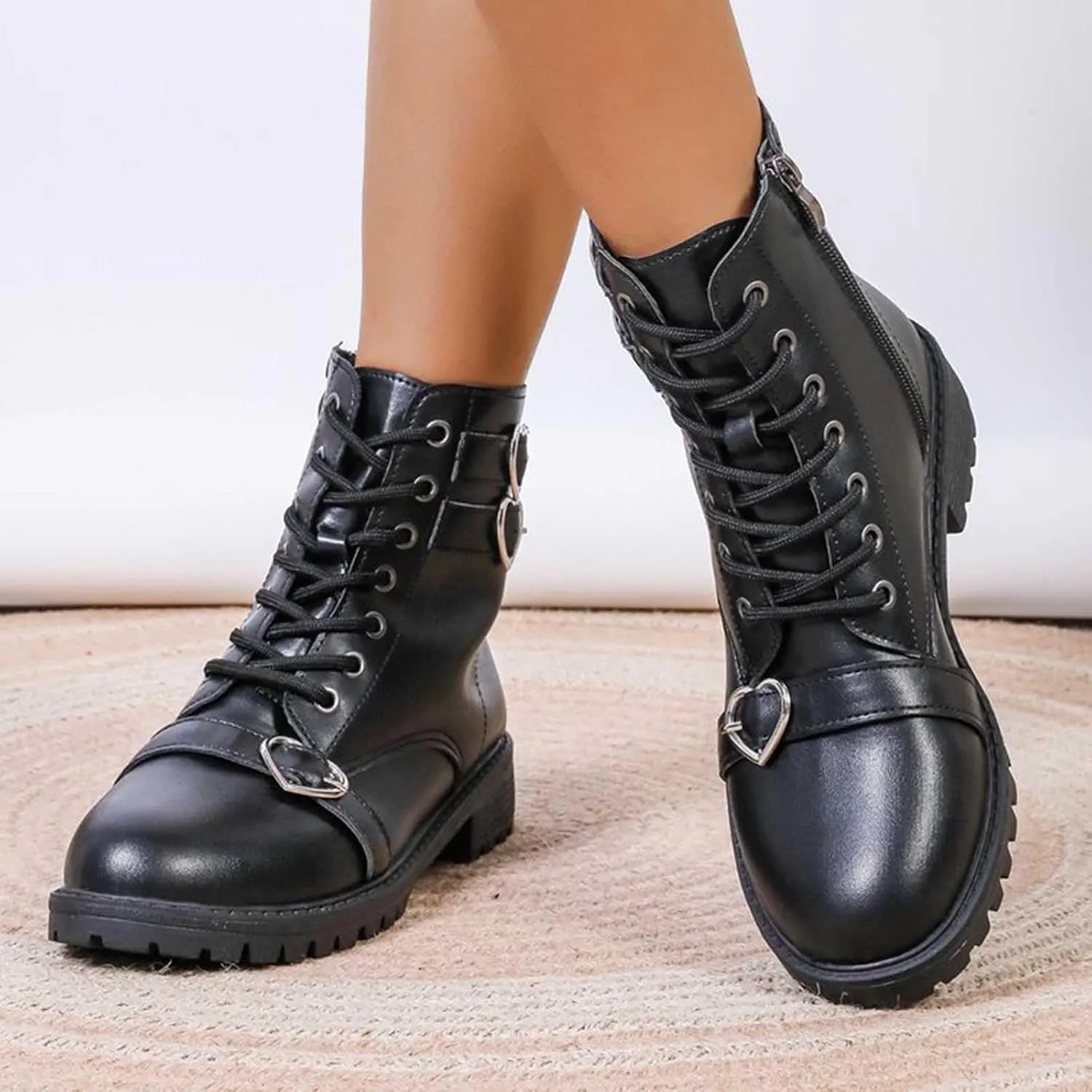 Chunky Boots for Women Short Boots Leather Boots Women's Retro Ankle Boots Low Chunky Block Heel Booties Shoes
