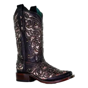 Corral Ladies Black & Honey Inlay Embroidery Square Toe Boots A4127