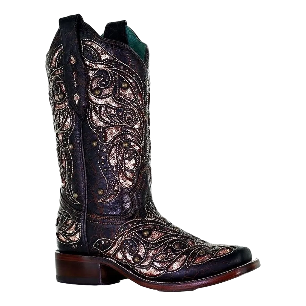 Corral Ladies Black & Honey Inlay Embroidery Square Toe Boots A4127