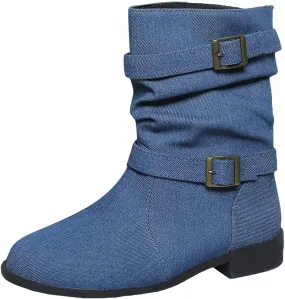 Cowboy Boots for Women, Round Toe Solid Color Suede Flat Shoes Fashion Belt Buckle Comfortable Vintage Mid-Calf Boots