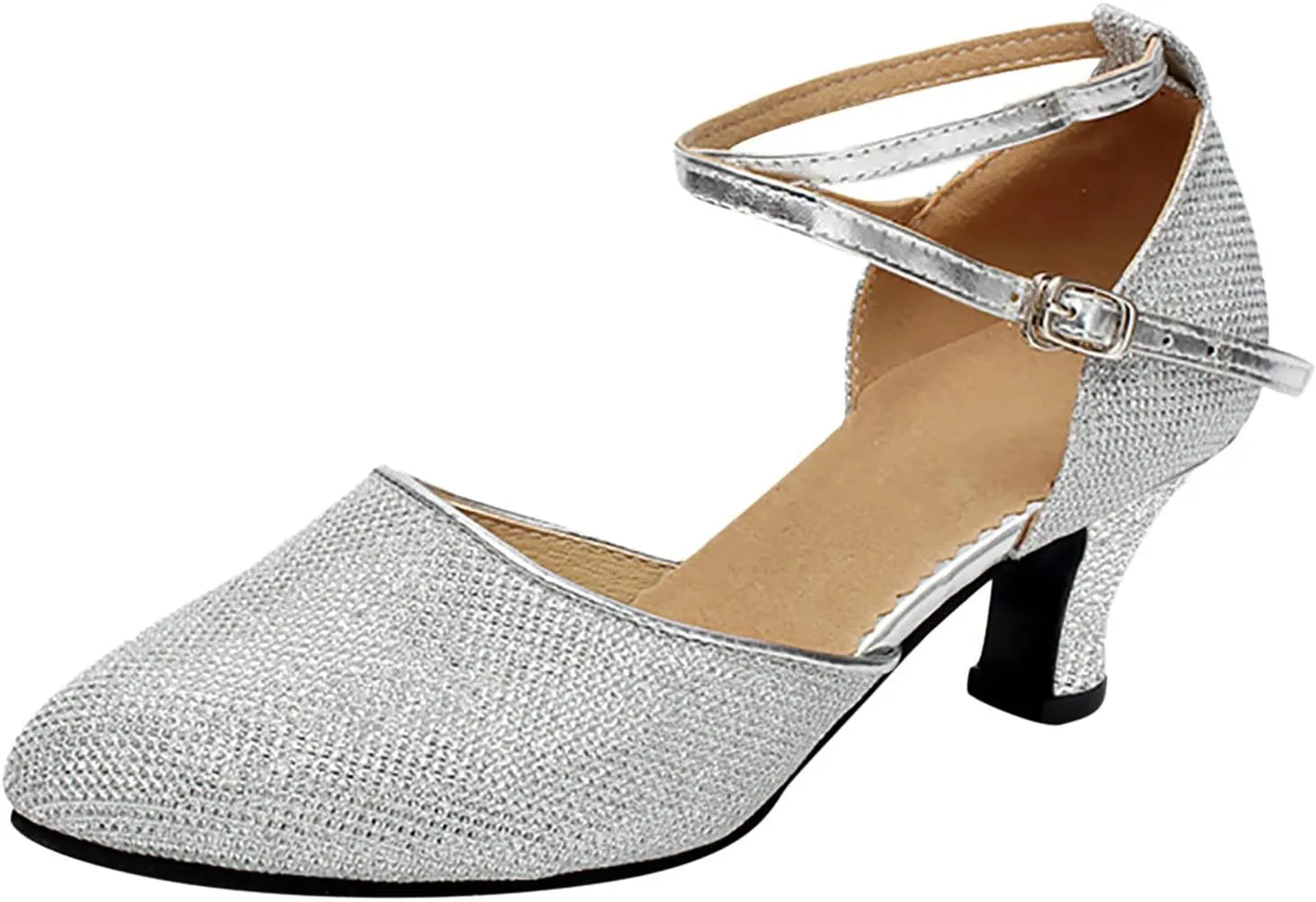 Dancing Dance Social Latin Shoes Ballroom Shoes Sequins Women's Tango Shoe Women's Middle Heels Strap Sandal Heel (Silver, 7)