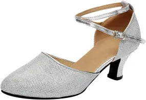 Dancing Dance Social Latin Shoes Ballroom Shoes Sequins Women's Tango Shoe Women's Middle Heels Strap Sandal Heel (Silver, 7)