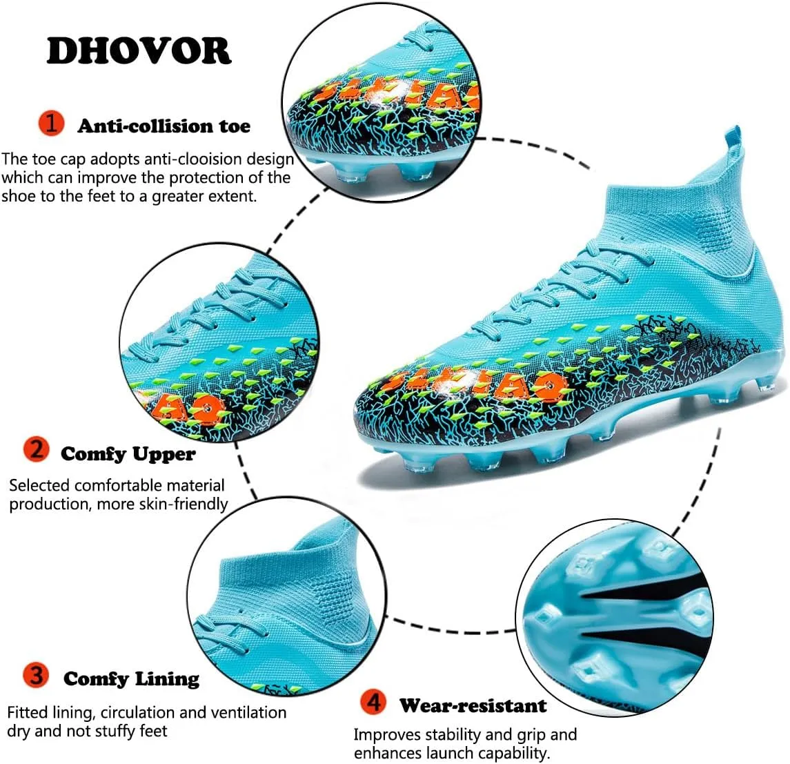DHOVOR Boys Football Cleats High-Tops Football Shoes for Kids Soccer Cleats Professional Athletic Training Soccer Shoes