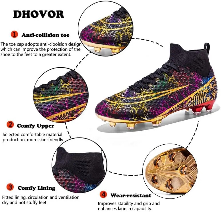 DHOVOR Boys Girls High-Top Soccer Cleats Youth Football Cleats Comfortable Indoor Soccer Shoes for Kids Outdoor/Indoor/Competition/Unisex