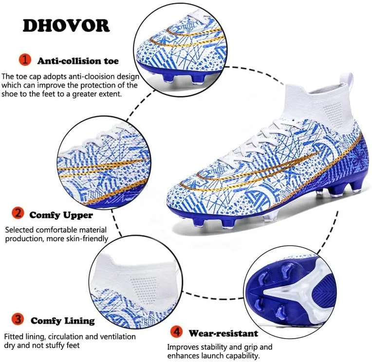 DHOVOR Boys Girls High-Top Soccer Cleats Youth Football Cleats Comfortable Turf Indoor Soccer Shoes for Kids Outdoor/Indoor/Competition/Unisex