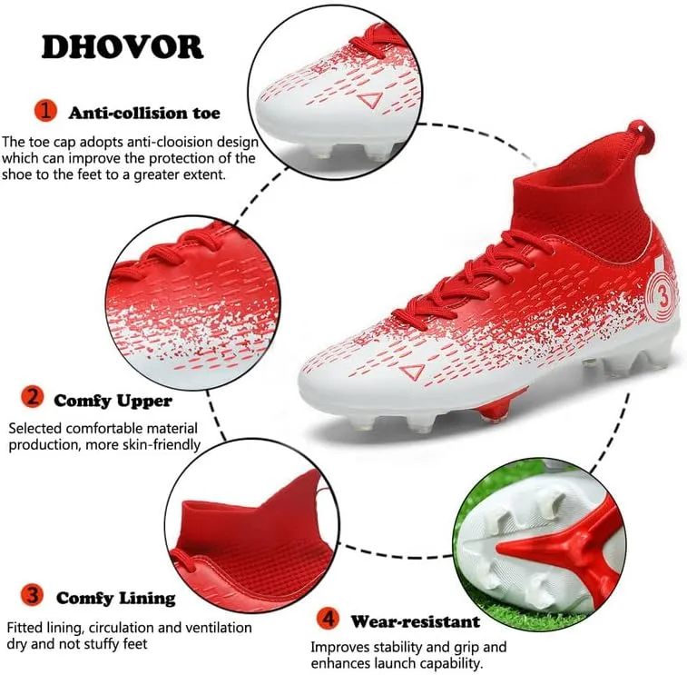 DHOVOR Boys Girls High-Top Soccer Cleats Youth Lightweight Professional Turf Football Cleats Unisex Non-Slip Indoor Soccer Shoes for Kids Outdoor/Indoor/Competition/Unisex
