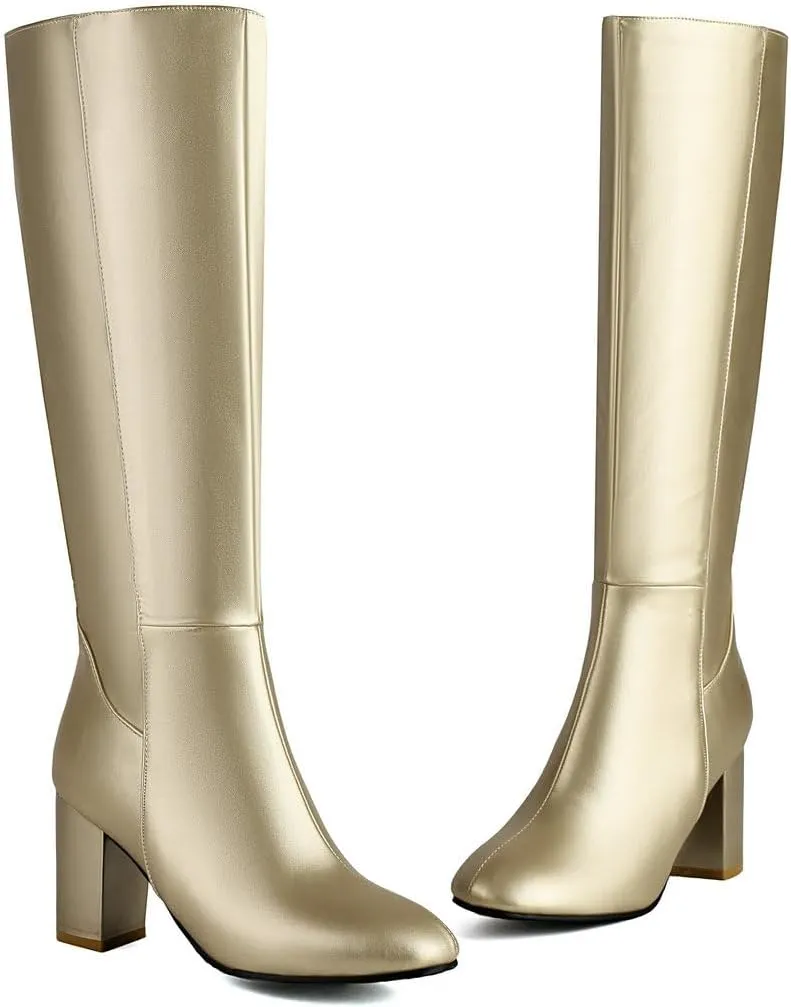 DINTAHA Chunky Knee High Heel Boots With Zipper Chunky Knee High Boots Tall Boots