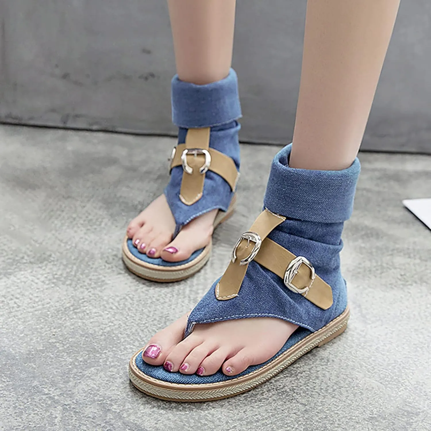 Foreign Trade Crossborder Sandals Denim Leather Belt Buckle Color Contrast Clip Toe Women's Women's Water Sandals