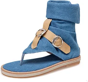 Foreign Trade Crossborder Sandals Denim Leather Belt Buckle Color Contrast Clip Toe Women's Women's Water Sandals