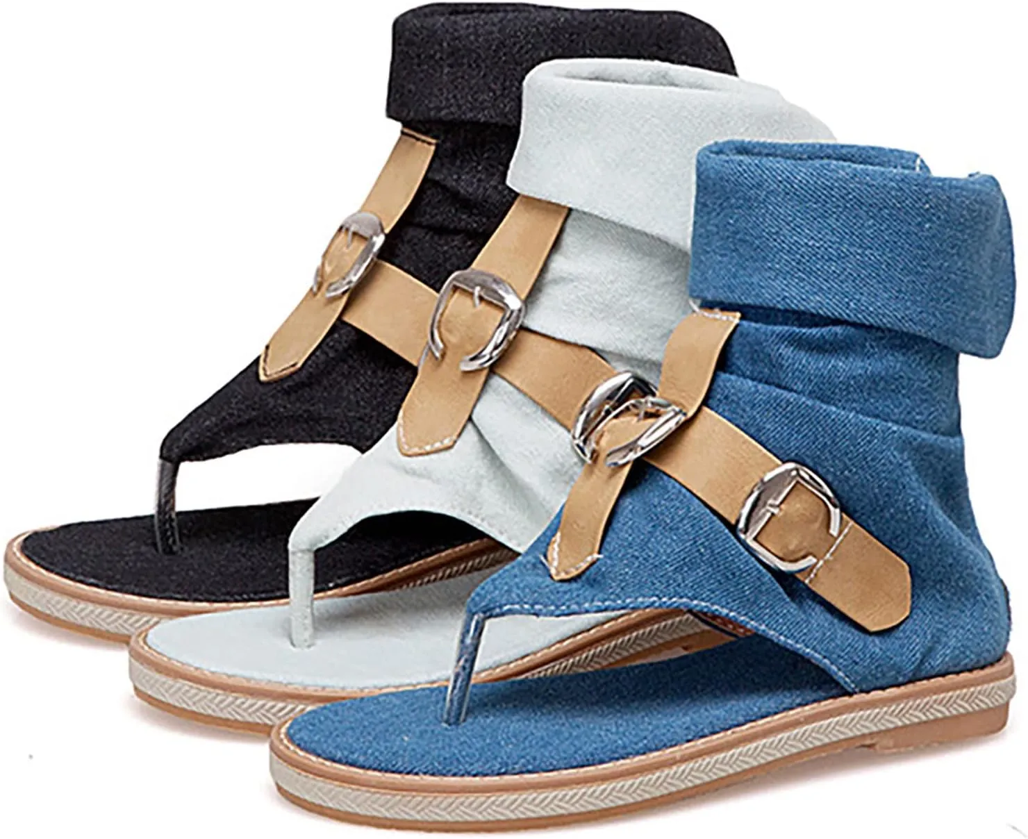 Foreign Trade Crossborder Sandals Denim Leather Belt Buckle Color Contrast Clip Toe Women's Women's Water Sandals