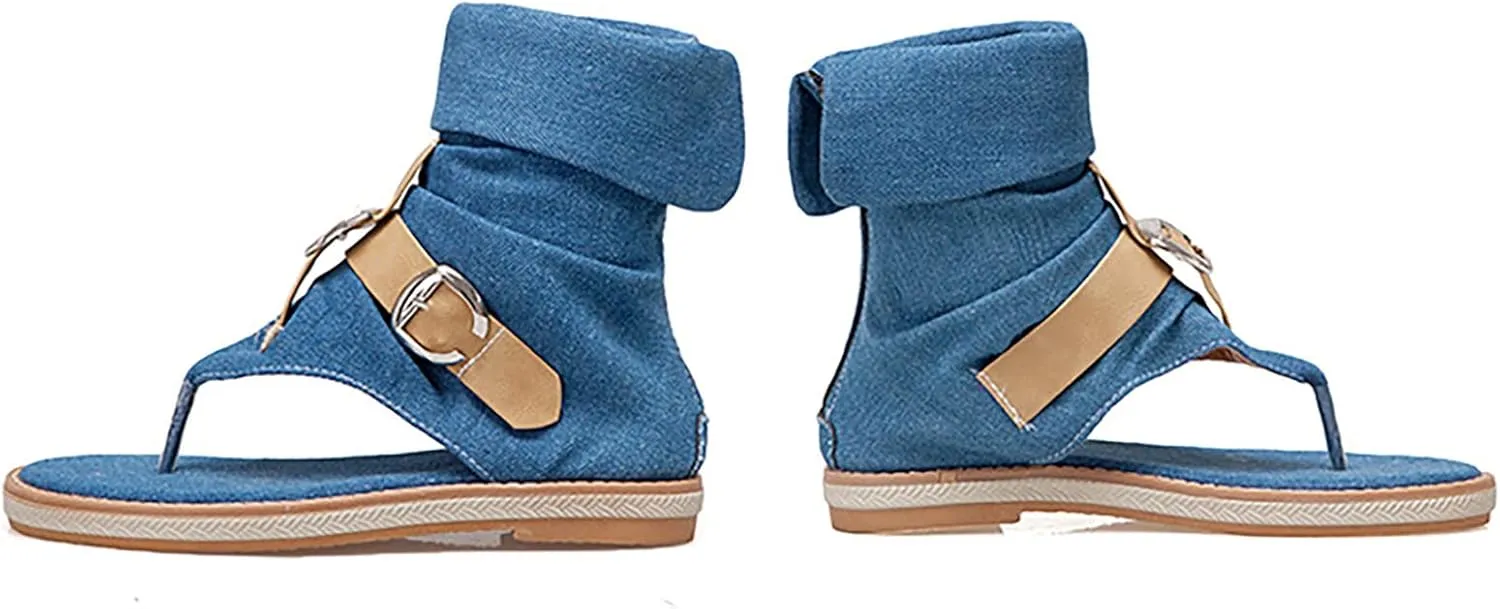 Foreign Trade Crossborder Sandals Denim Leather Belt Buckle Color Contrast Clip Toe Women's Women's Water Sandals
