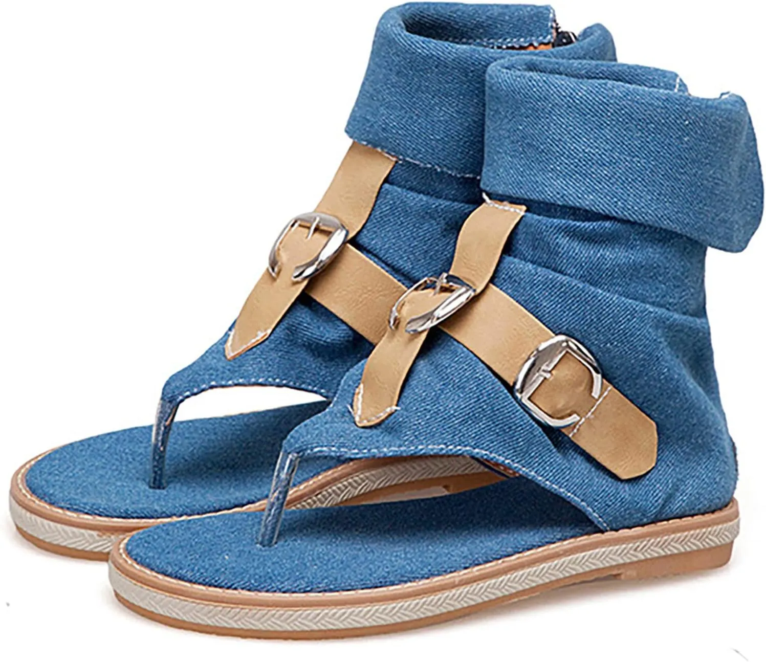 Foreign Trade Crossborder Sandals Denim Leather Belt Buckle Color Contrast Clip Toe Women's Women's Water Sandals