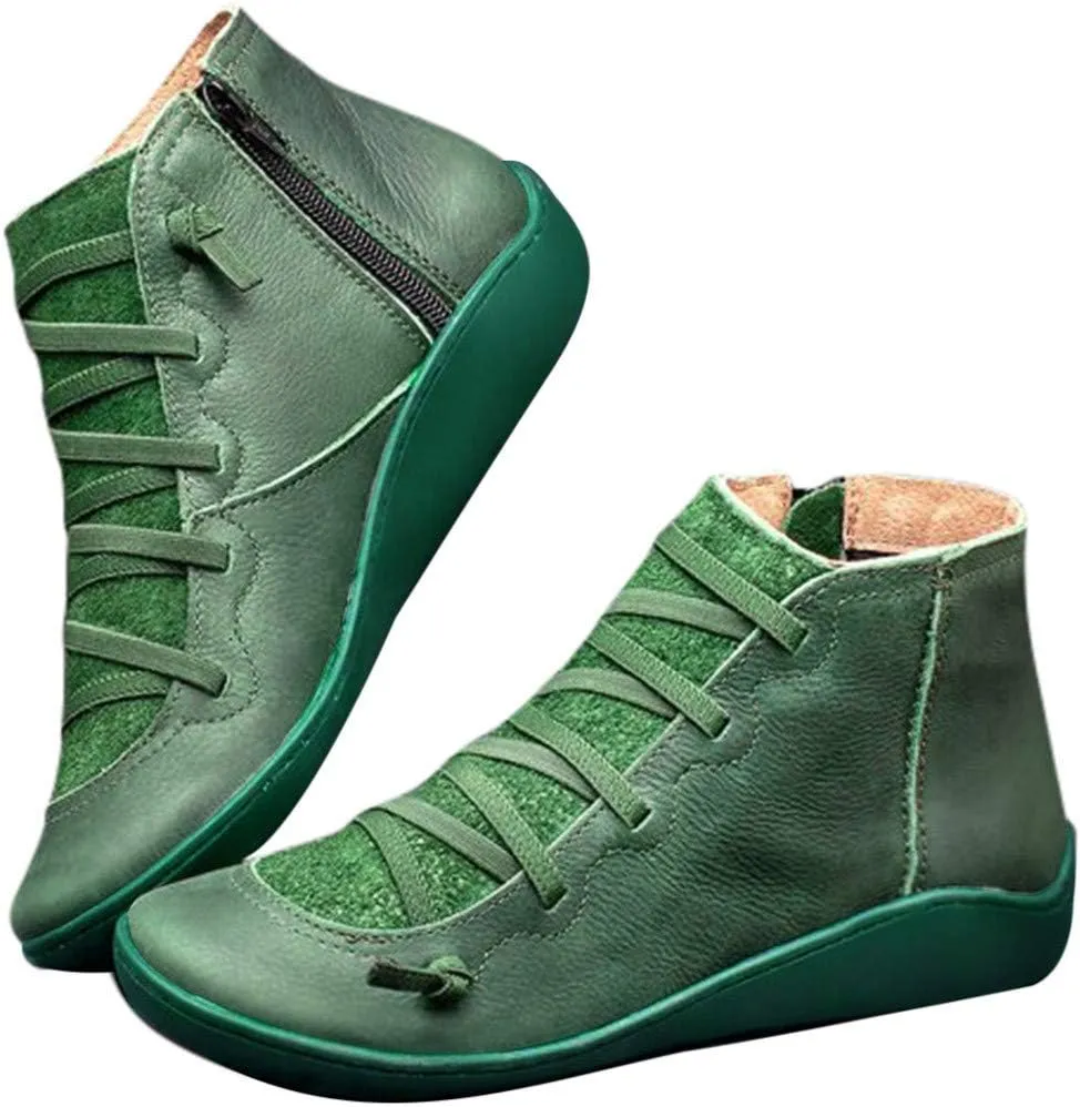Gibobby Ankle Booties for Women No Heel,Platform Boots Cowboy Boots Lace Up Retro Boots Side Zipper Booties Casual Boots