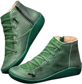 Gibobby Ankle Booties for Women No Heel,Platform Boots Cowboy Boots Lace Up Retro Boots Side Zipper Booties Casual Boots