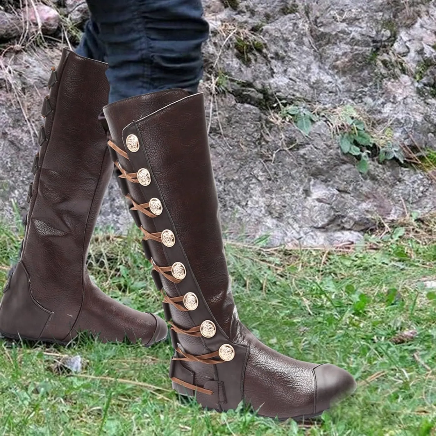 Knee High Boots Combat Boots Womens Fashion Retro Women's Shoes Breathable Chunky High Heels Comfy Side Zipper Boots