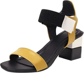 Ladies Fashion Blocking Leather Open Toe Hook Loop Thick High Heeled Sandals Thong Flip Flop Slippers for Women Summer