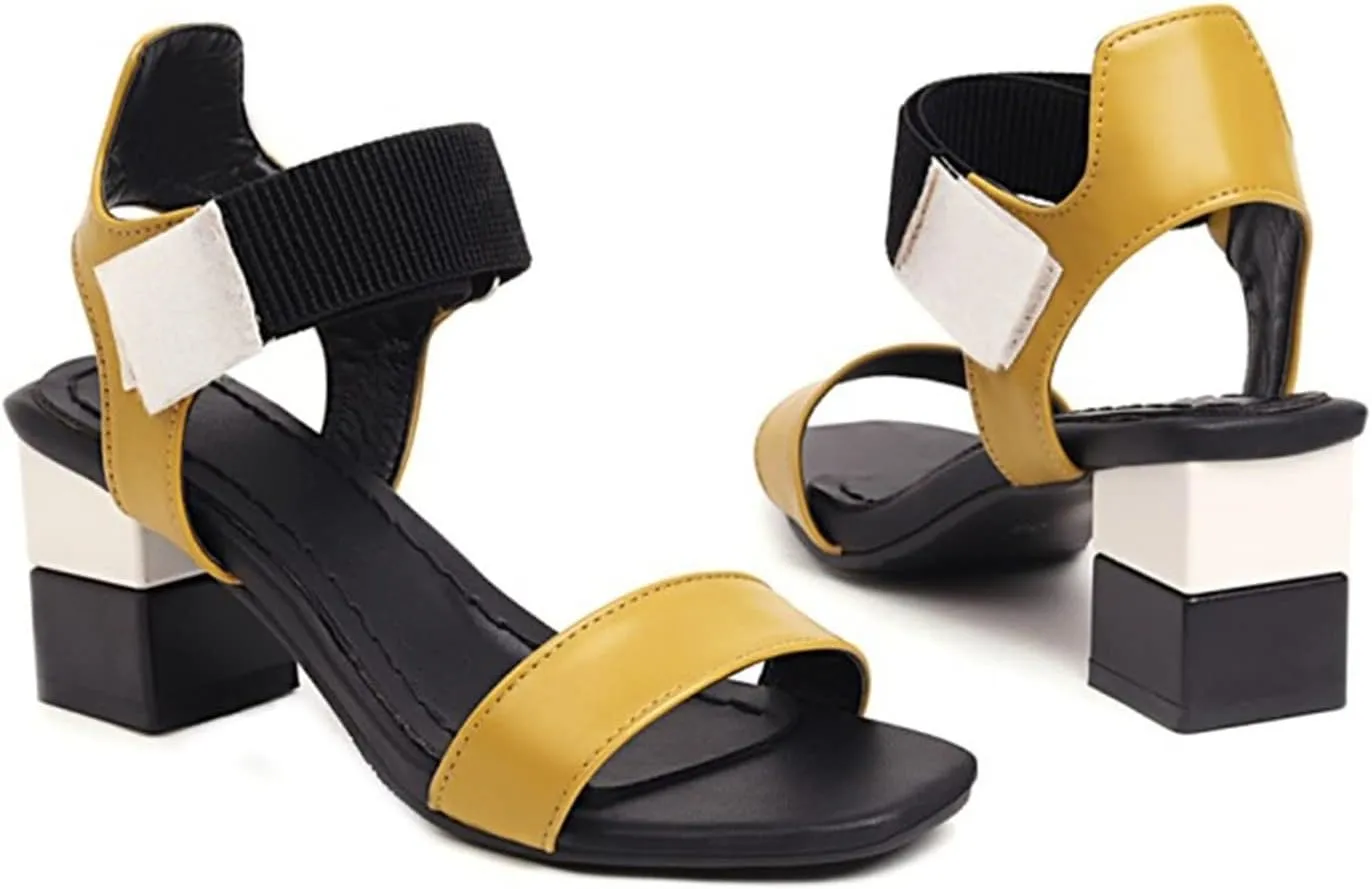 Ladies Fashion Blocking Leather Open Toe Hook Loop Thick High Heeled Sandals Thong Flip Flop Slippers for Women Summer